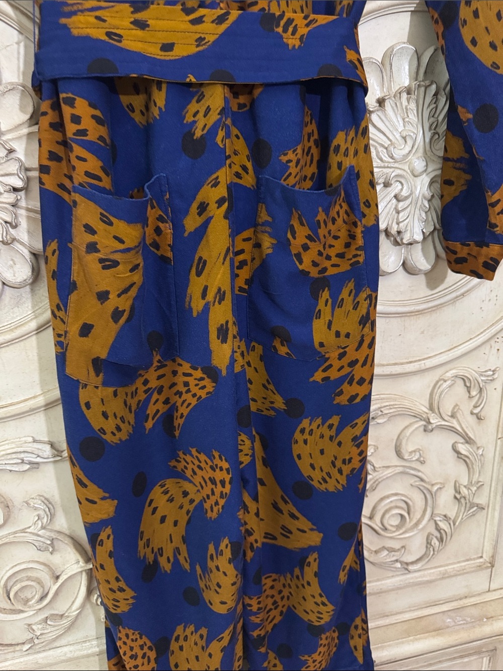 Farm Rio Banana Blue & Brown Printed Jumpsuit with Tie Waist Size Small - Picture 13 of 16